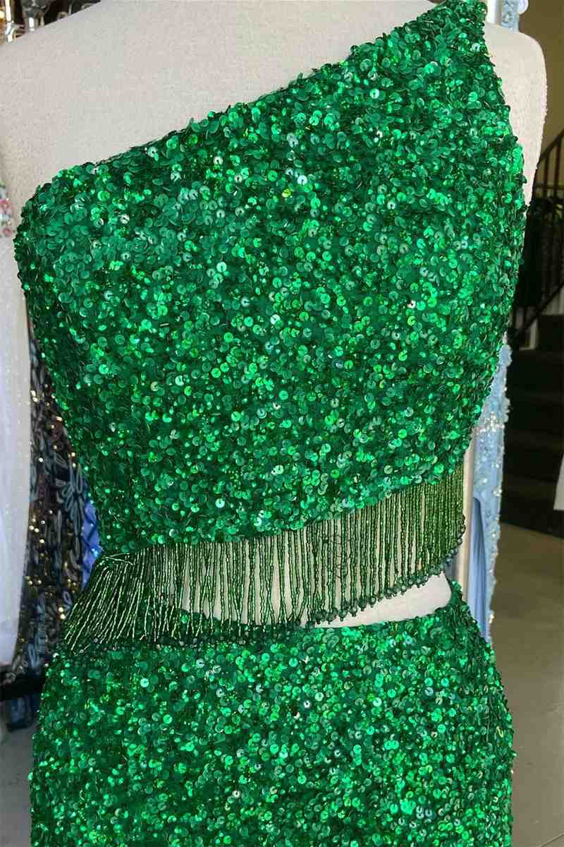 Eileen | Green Two Piece Sequined One Shoulder Long Party Dress with Tassel