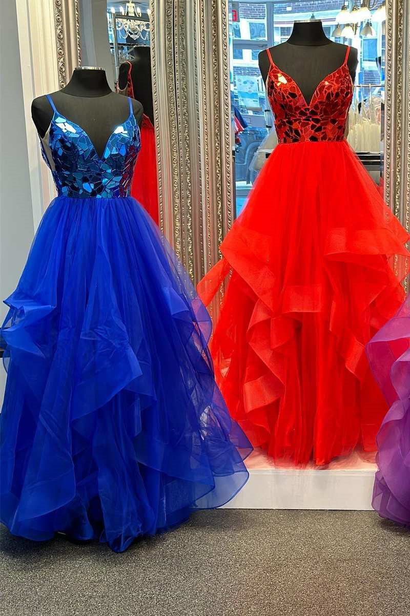 Brandi | A-line V-Neck Mirror-Cut Sequins Ruffle Layers Long Prom Dress