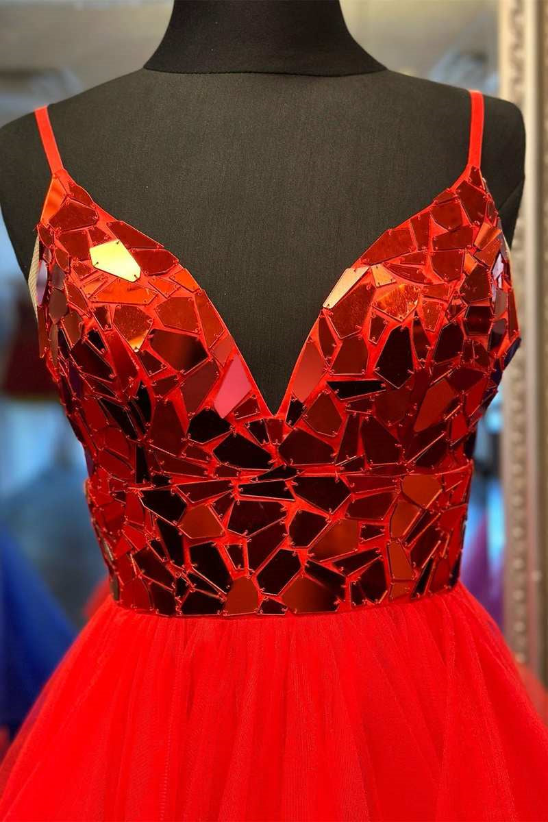 Brandi | A-line V-Neck Mirror-Cut Sequins Ruffle Layers Long Prom Dress