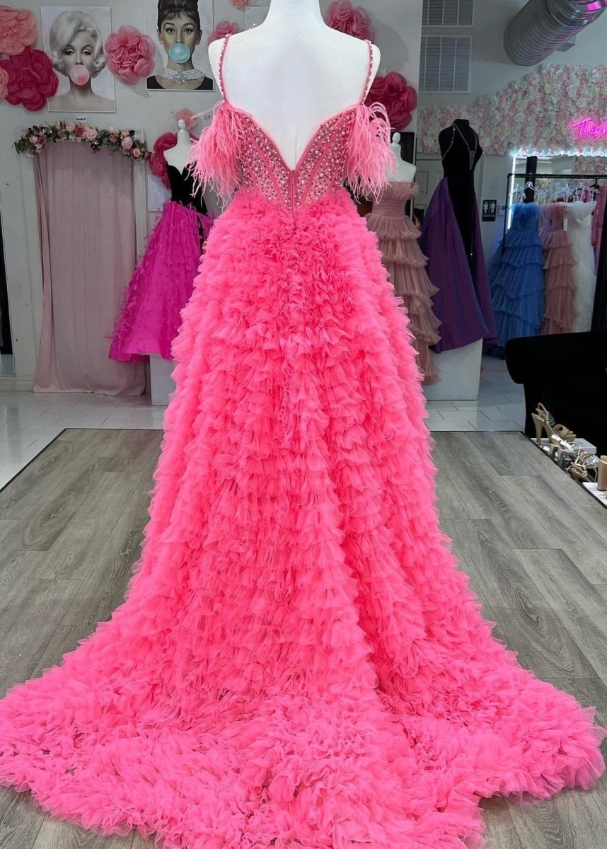 Astrid |A Line Off the Shoulder Tiered Tulle Prom Dress With Slit