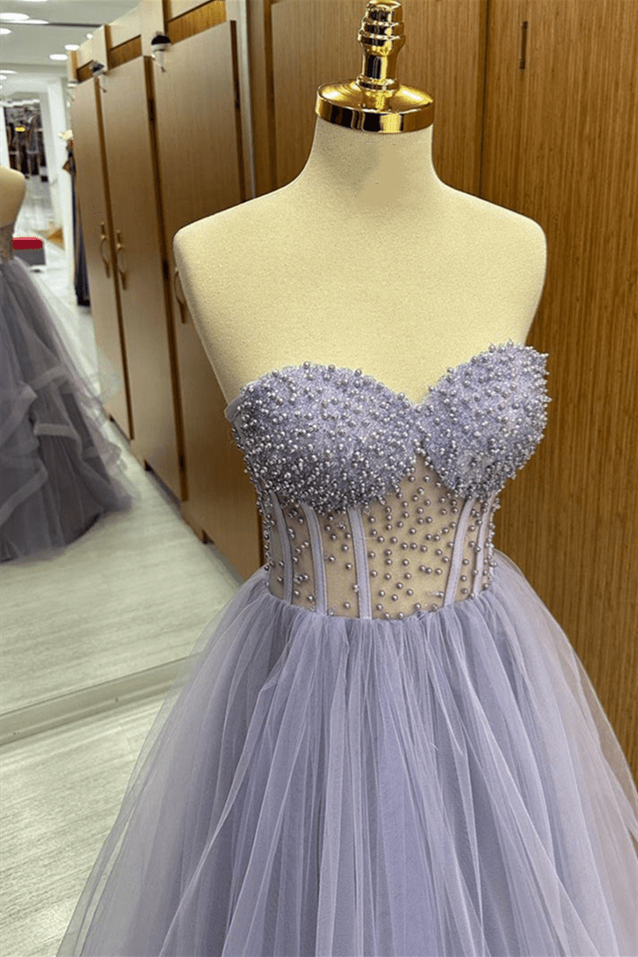 Brandy | Lilac Strapless Beaded Ruffle - Layers Tulle Long Prom Dress - KissProm
