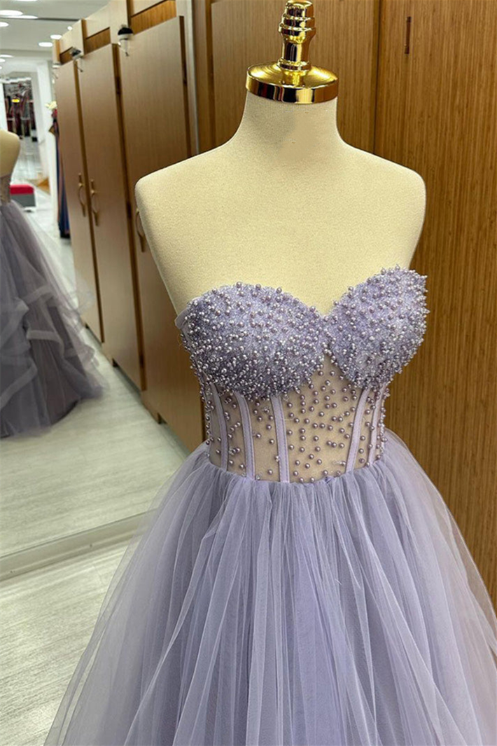 Brandy | Lilac Strapless Beaded Ruffle-Layers Tulle Long Prom Dress