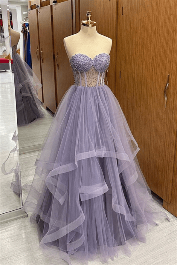 Brandy | Lilac Strapless Beaded Ruffle - Layers Tulle Long Prom Dress - KissProm