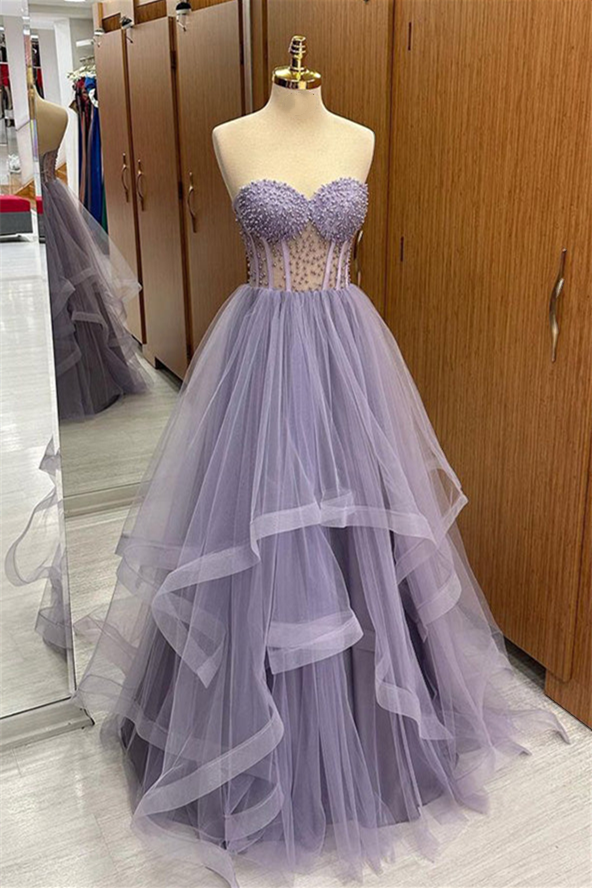 Brandy | Lilac Strapless Beaded Ruffle-Layers Tulle Long Prom Dress