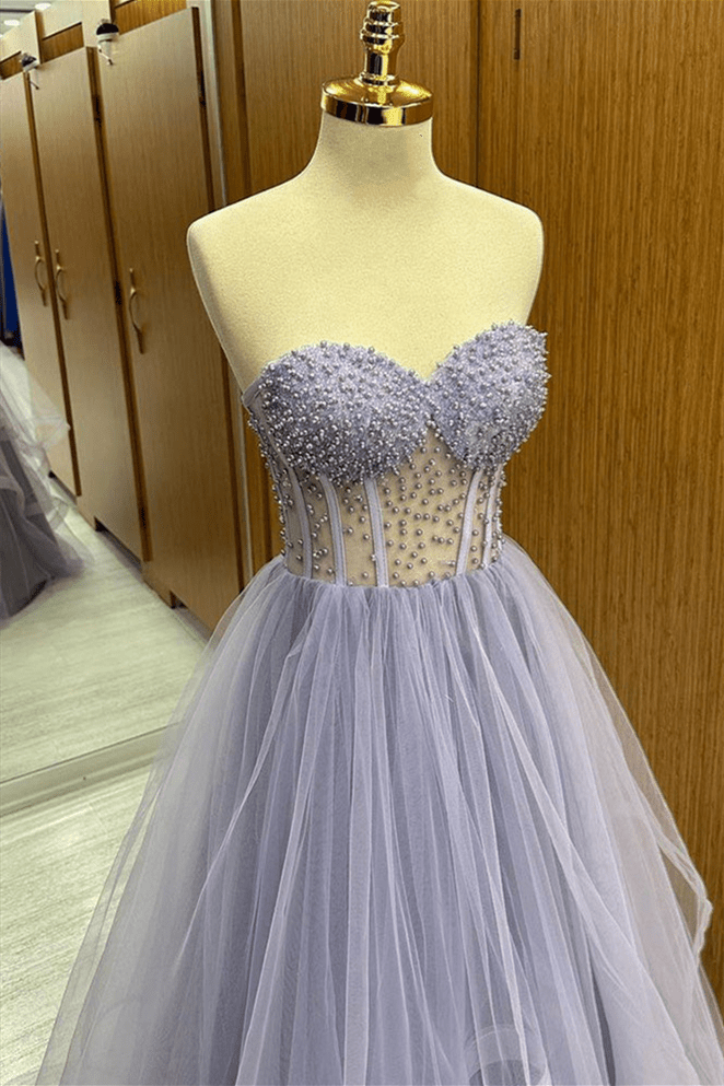 Brandy | Lilac Strapless Beaded Ruffle - Layers Tulle Long Prom Dress - KissProm
