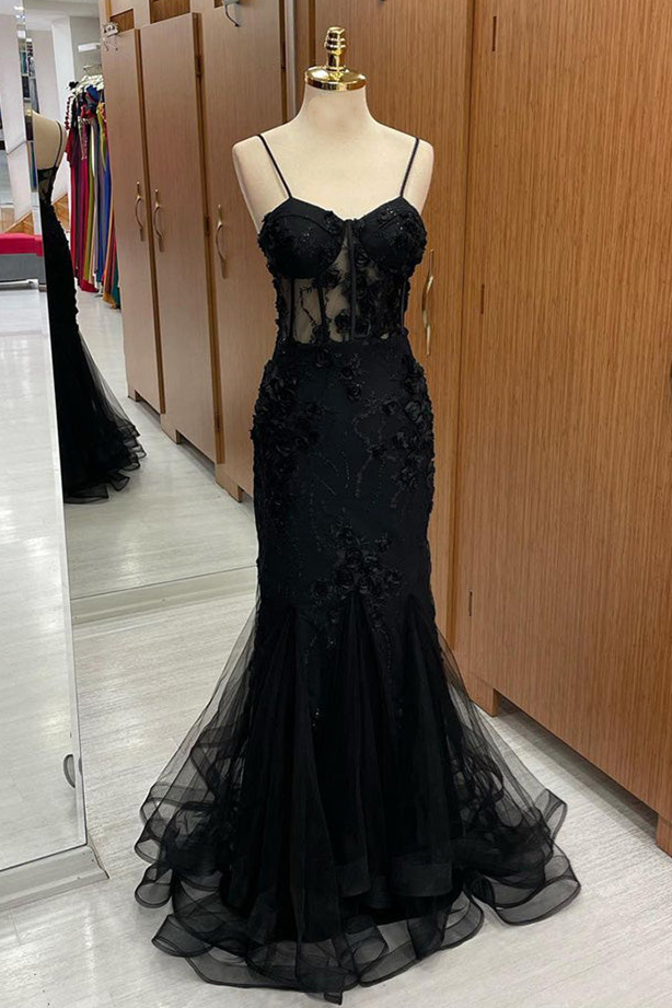 Aubrielle | Black Sweetheart Straps Mermaid Appliques Tulle Long Prom Dress