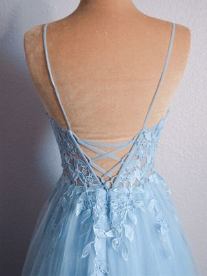 Cynthia | Light Blue V Neck Lace-Up Appliques Tulle Long Prom Dress