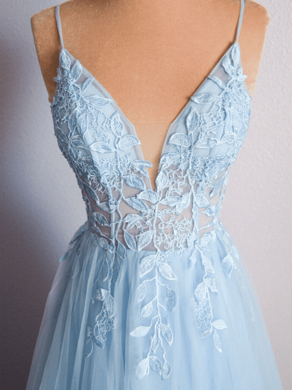 Cynthia | Light Blue V Neck Lace-Up Appliques Tulle Long Prom Dress