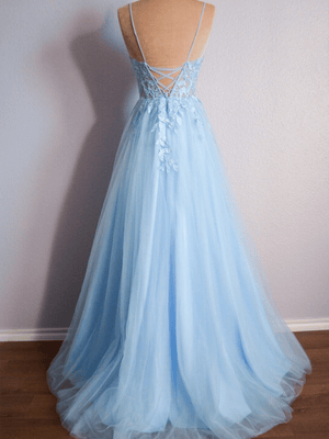 Cynthia | Light Blue V Neck Lace-Up Appliques Tulle Long Prom Dress
