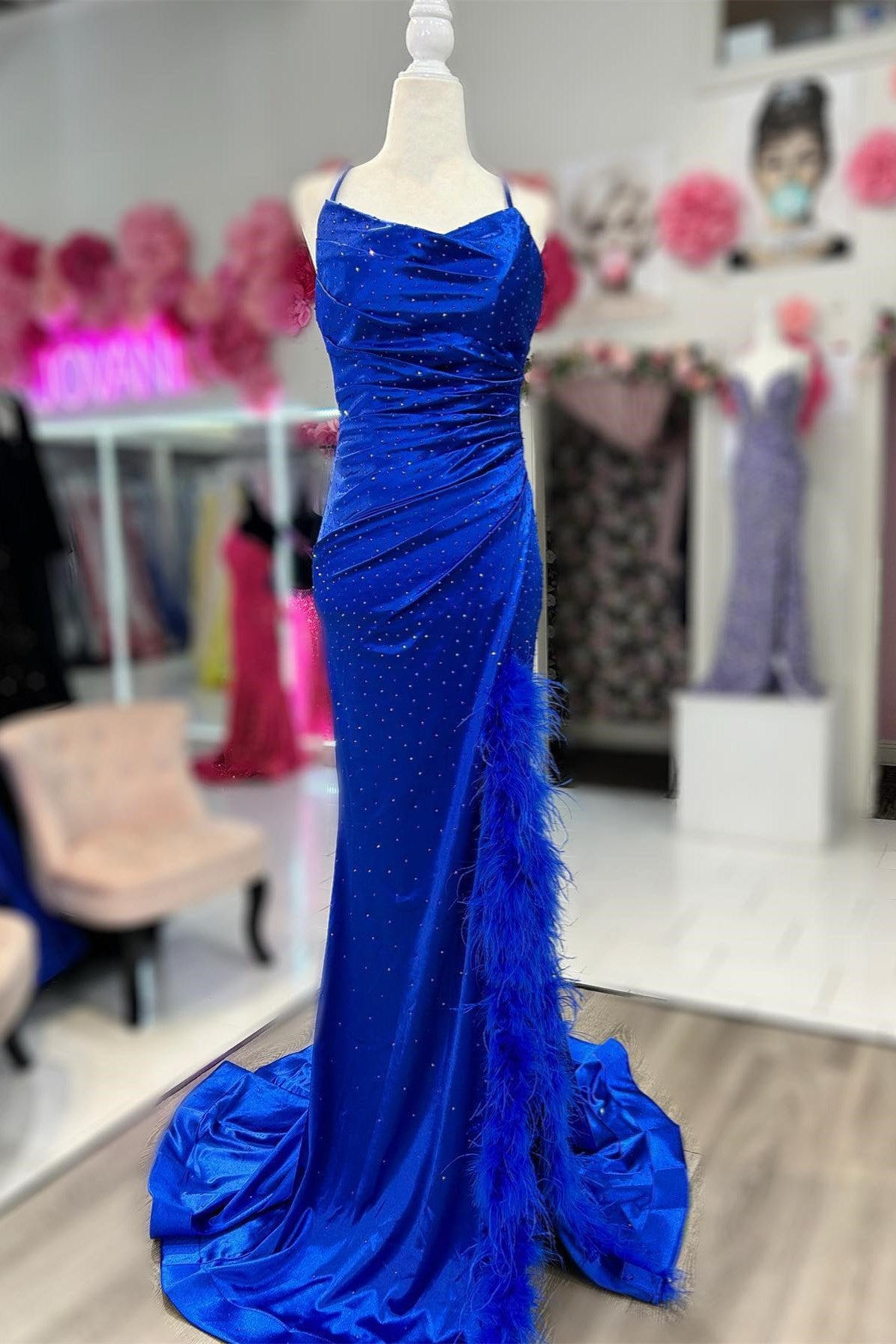Vickie | Royal Blue Cowl Neck Rhinestones Long Prom Dress with Feather-Trimmed Slit