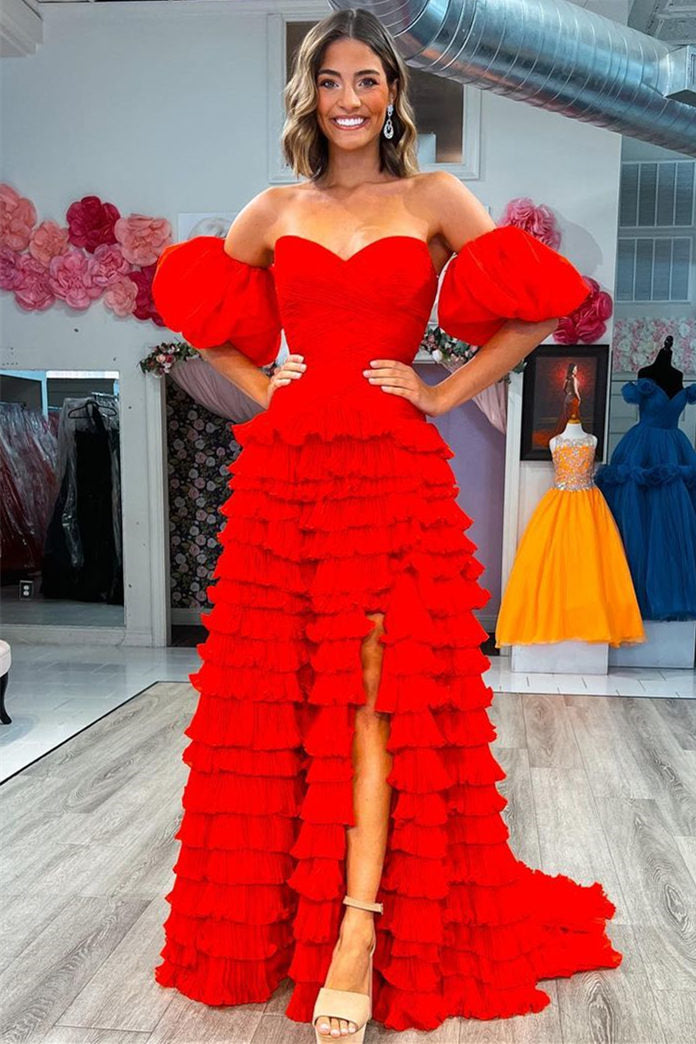 Wendy | Sweetheart Red Tiered Tulle Prom Dress with Balloon Sleeves