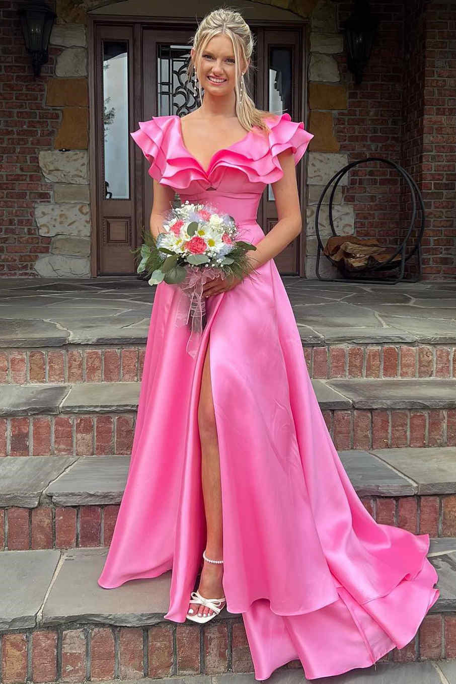 Betsy | Hot Pink V-Neck Ruffle A-Line Long Prom Dress