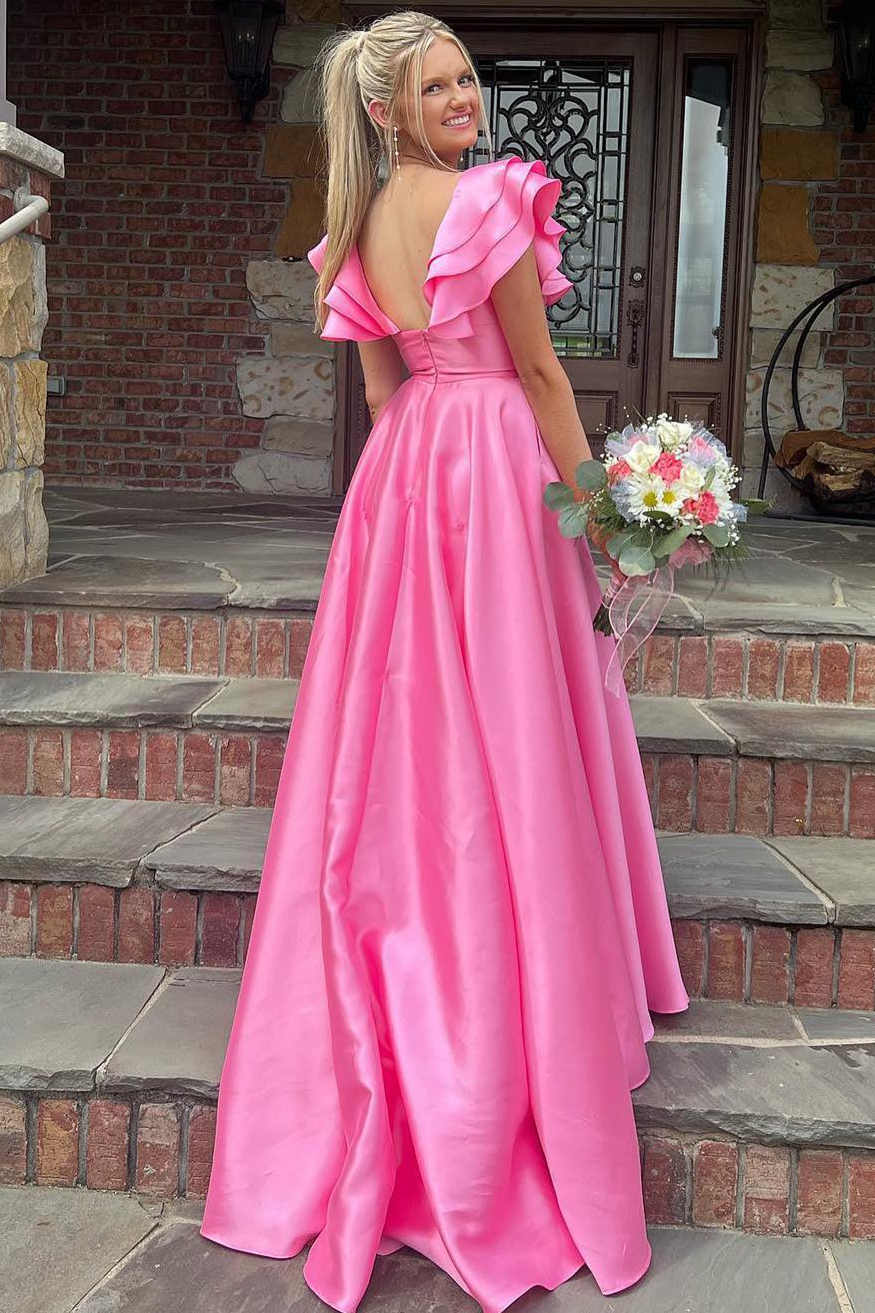 Betsy | Hot Pink V-Neck Ruffle A-Line Long Prom Dress