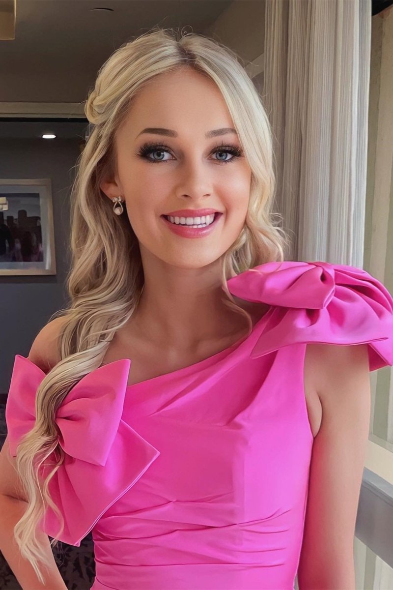 Noelle Hot Pink One Shoulder Sheath Homecoming Dress with Bows Hot Pink / 00