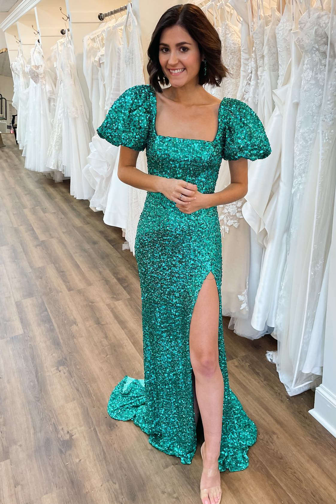 Velma | Square Neck Emerald Green Sequin Mermaid Prom Dress