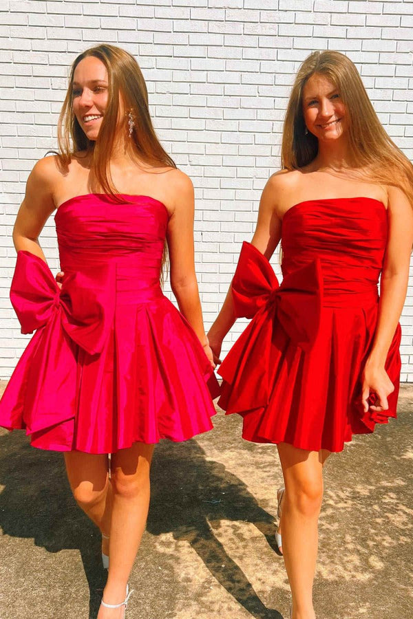 A-Line Strapless Pleated Party Dress with Bow – Homecoming Dress by KissProm | Available at KissProm