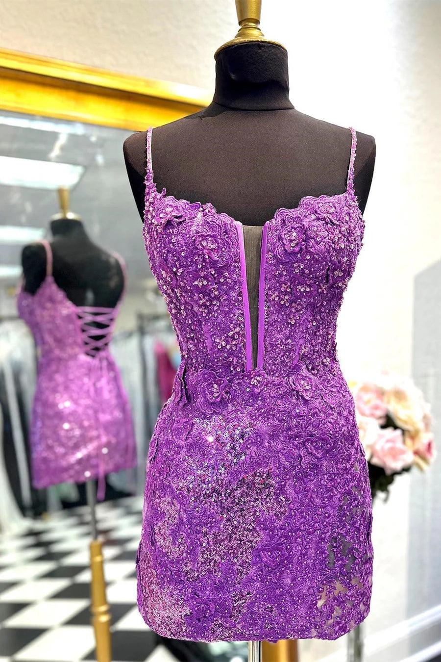 Orla |Sheath Spaghetti Straps Sequined Lace Homecoming Dress
