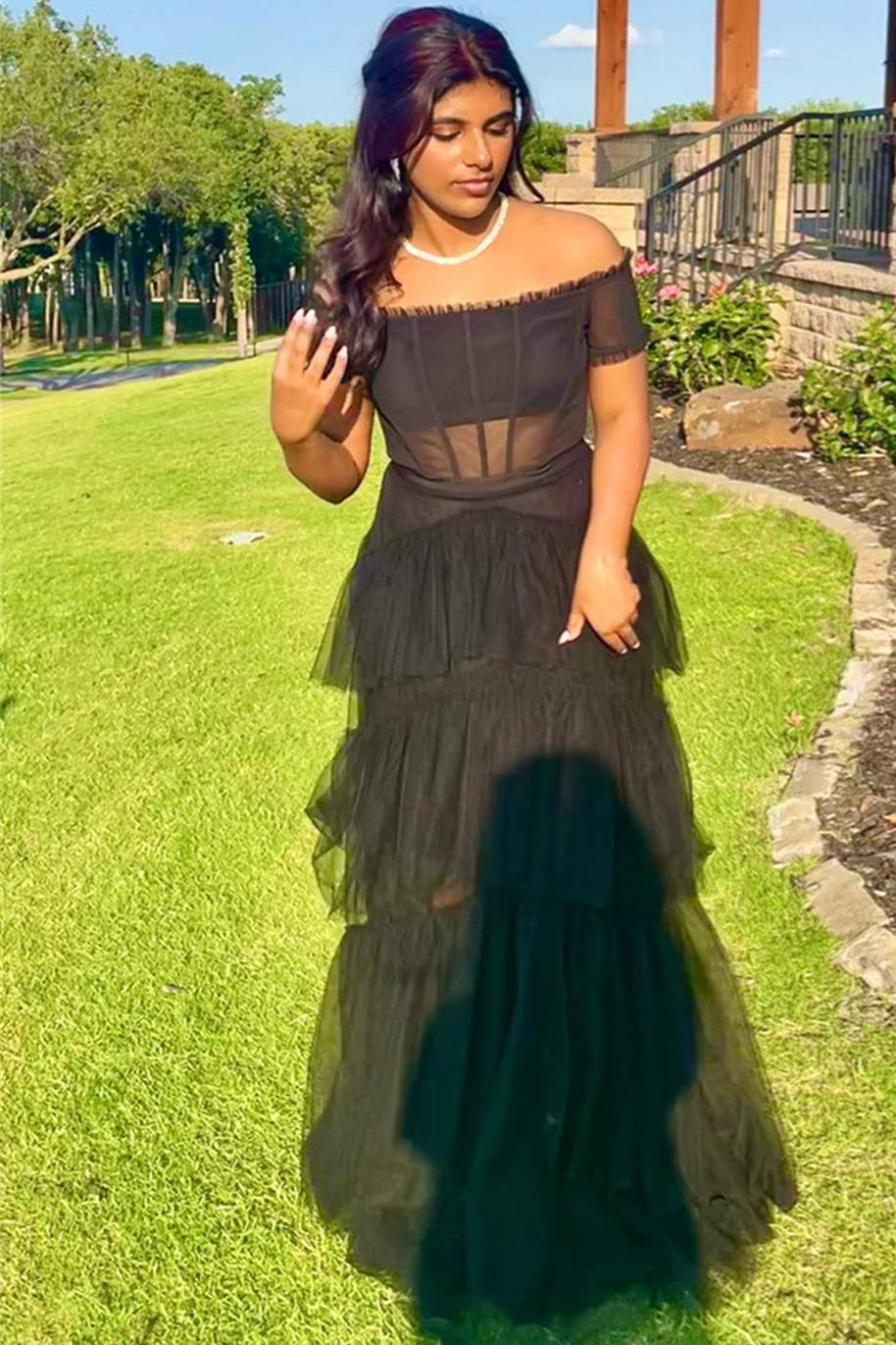 Wilma | Off the Shoulder Black Tiered Tulle Lond Prom Dress