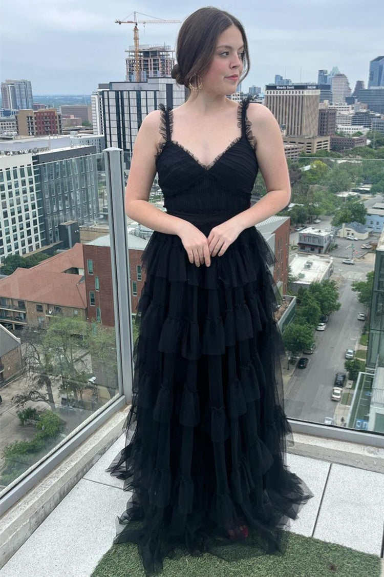 Yasmine | V - Neck Black Layered Tulle A - Line Prom Dress - KissProm
