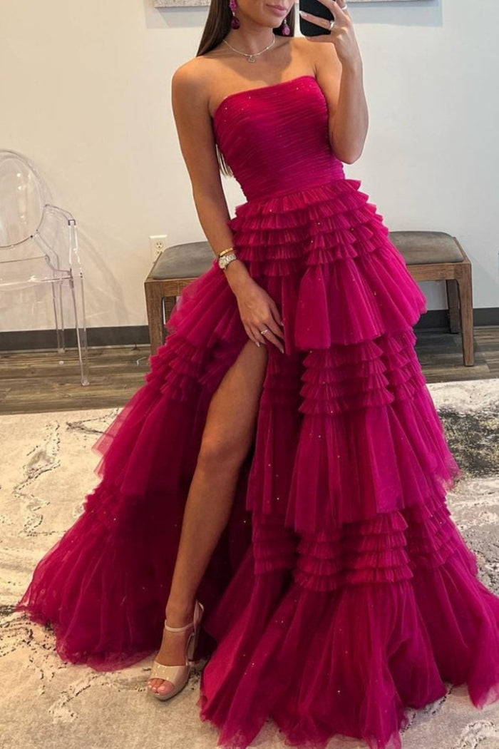 A-line Strapless Tulle Tiered Short Dress Cabernet main image 0
