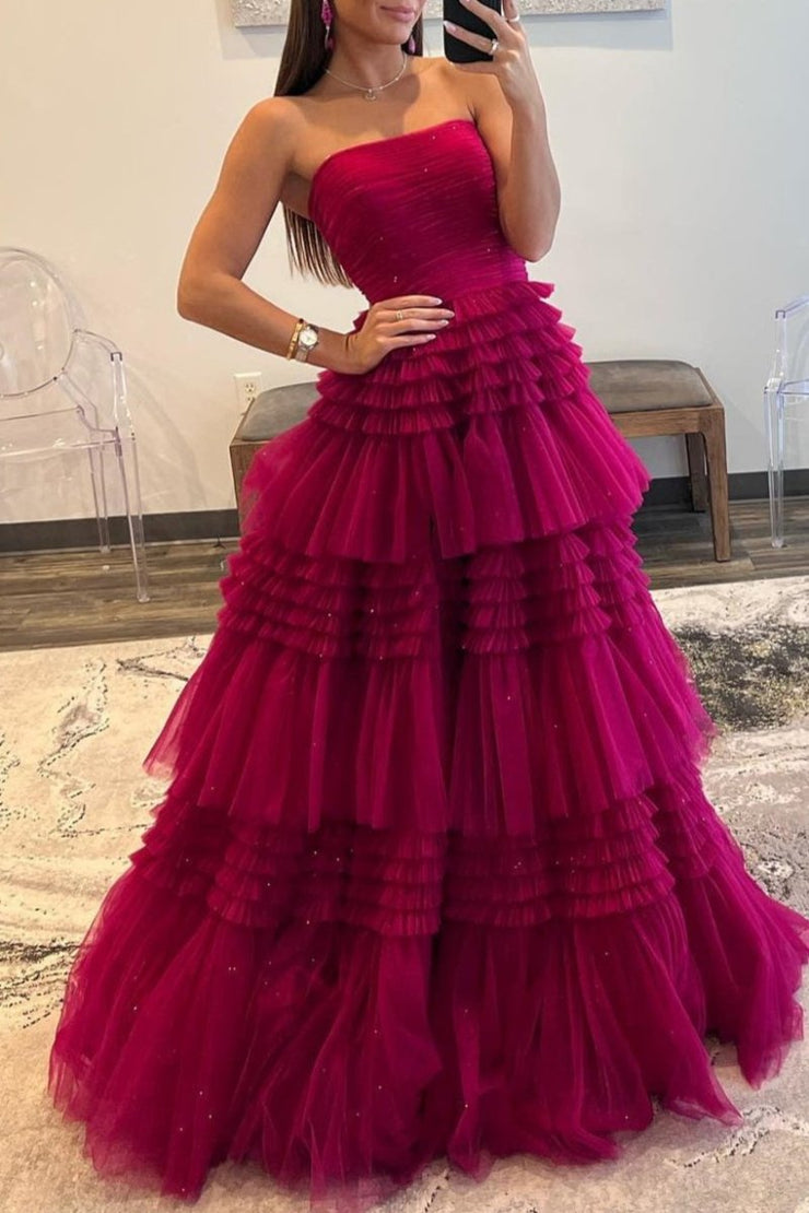 Elegant A Line Strapless Tulle Long Prom Dress, Evening Dress