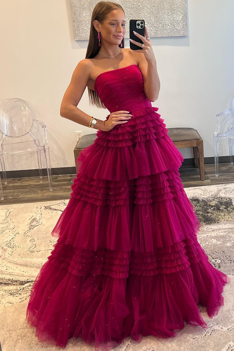 Daniela |A-Line Strapless Tulle Long Prom Dress with Tiered Ruffles