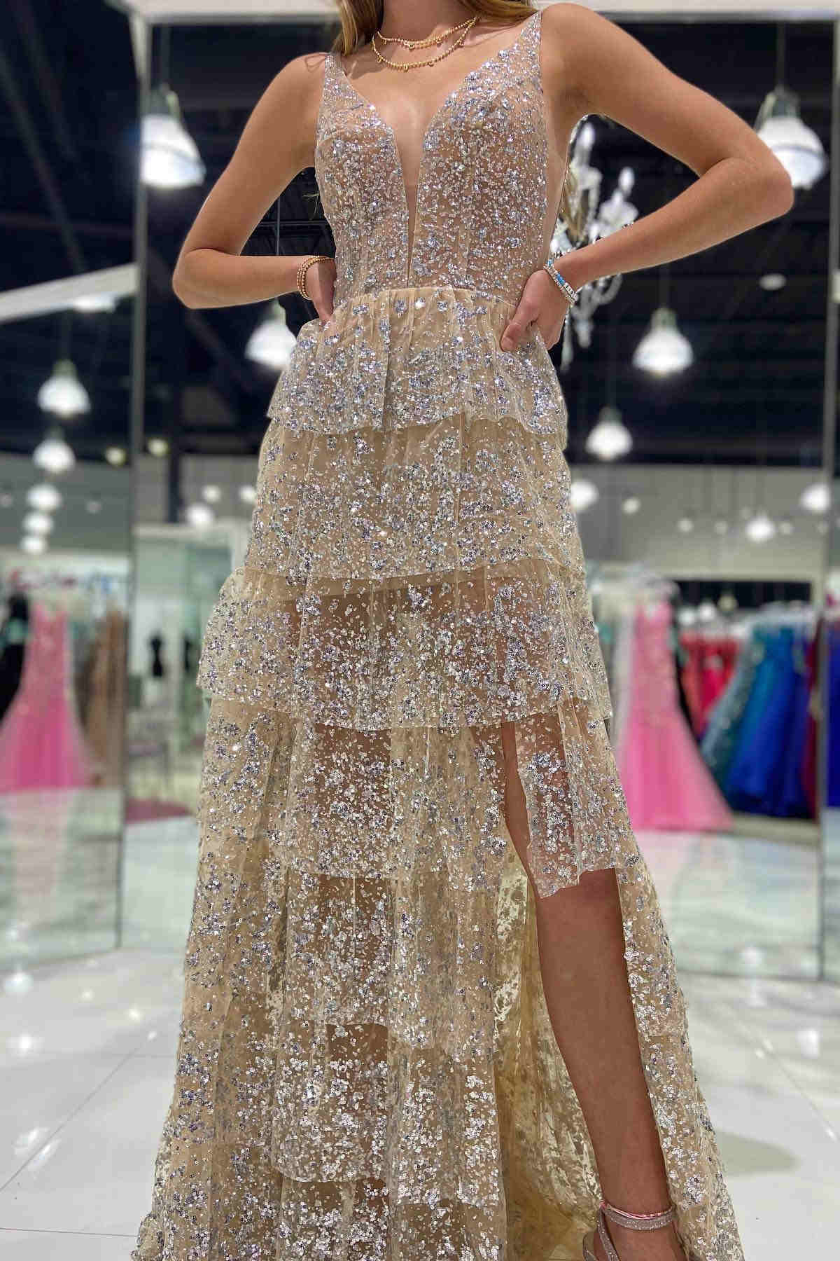 Yvette | Glitter V-Neck Tiered Tulle Long Formal Dress with Slit