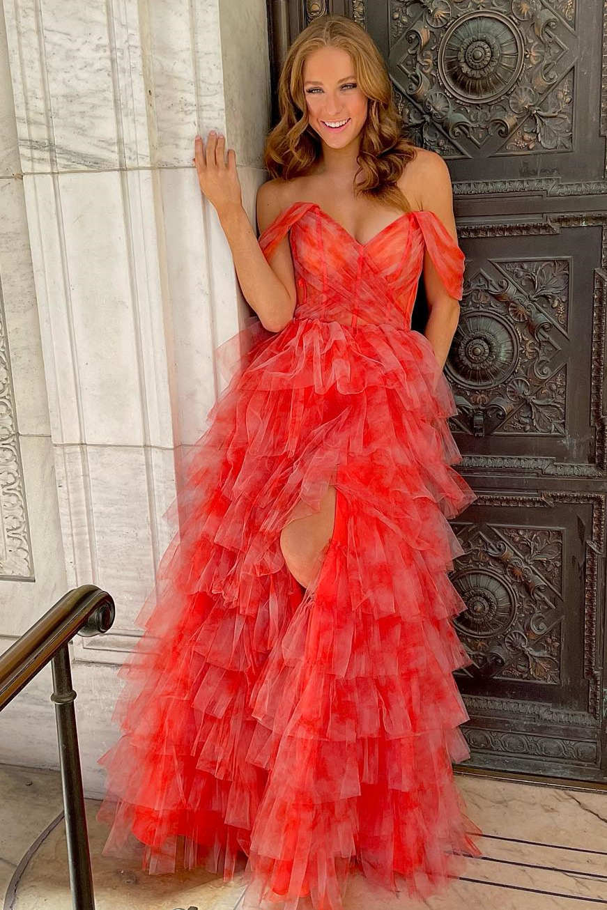 Bettie | Off the Shoulder Coral Print Tiered Long Prom Dress