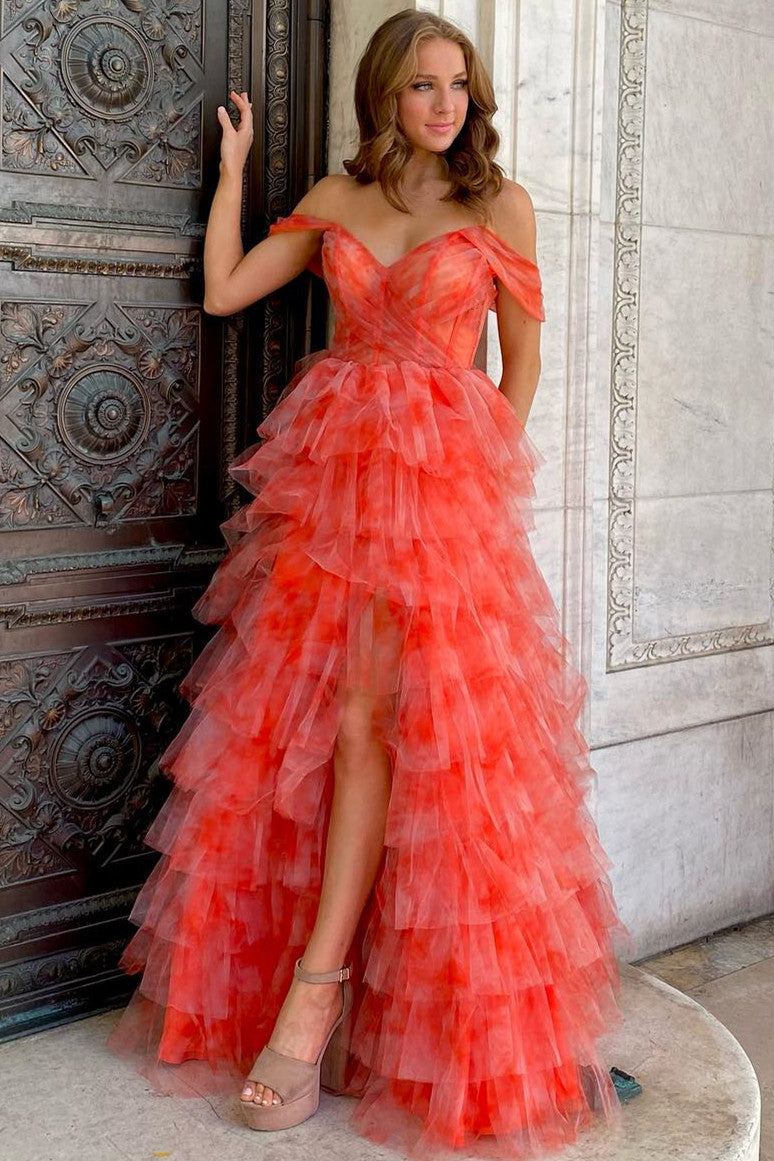 Bettie | Off the Shoulder Coral Print Tiered Long Prom Dress