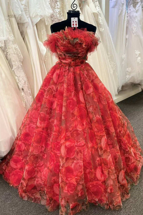 Alisha | Strapless Red Floral Print Organza A - Line Quinceanera Dress - KissProm