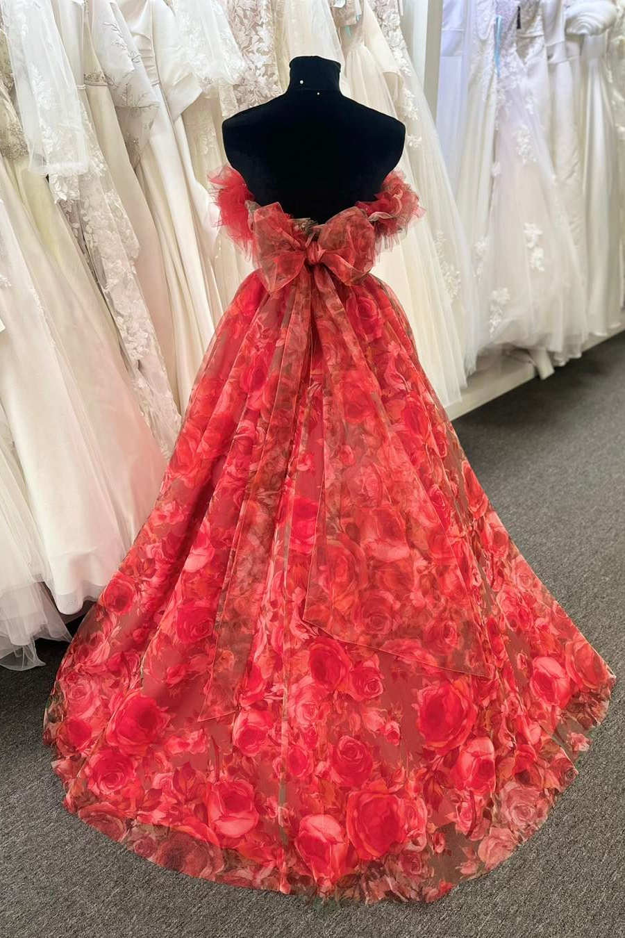 Alisha | Strapless Red Floral Print Organza Long Ball Gown