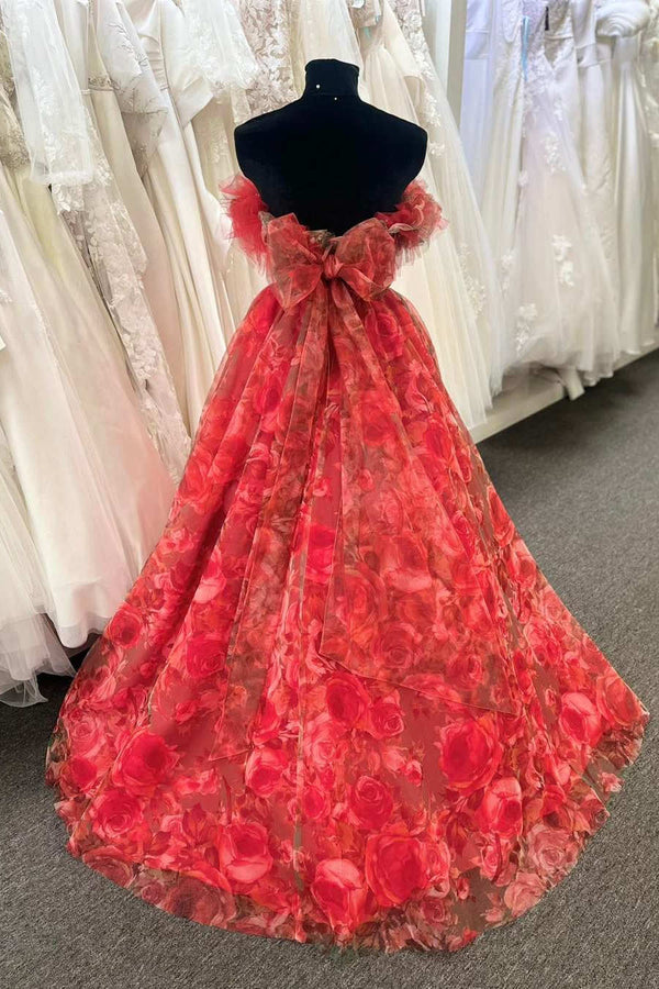 Alisha | Strapless Red Floral Print Organza A - Line Quinceanera Dress - KissProm