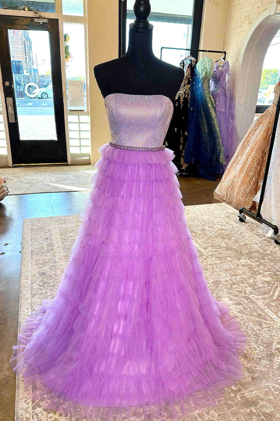 Yvonne | A-Line Strapless Lilac Layered Long Prom Dress with Rhinestones