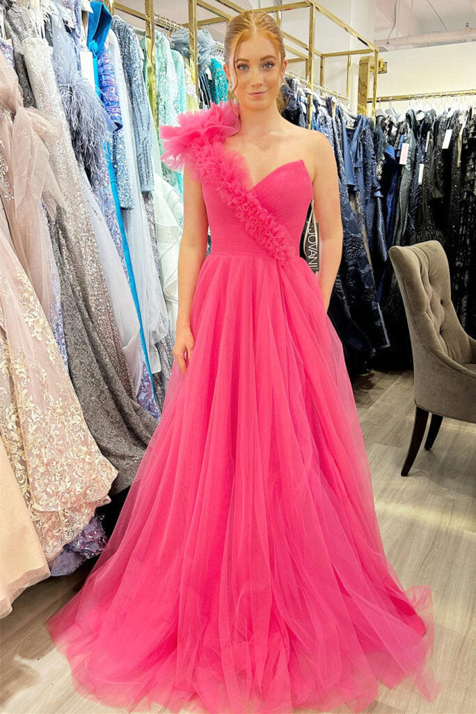 Delaney |A-Line One Shoulder Long Tulle Prom Dress with Ruffles