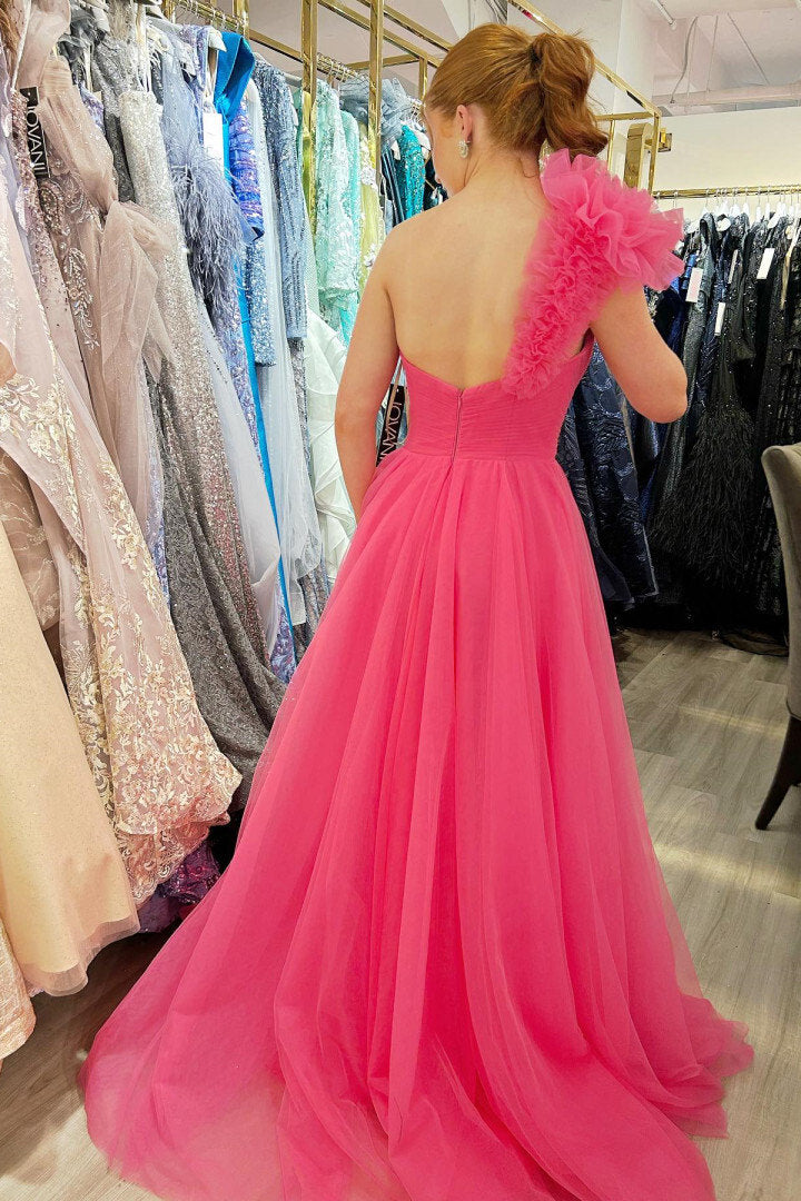 Delaney |A-Line One Shoulder Long Tulle Prom Dress with Ruffles