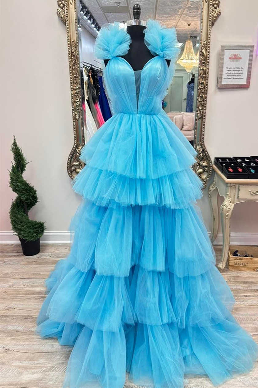 Bernice | Light Blue Ruffle Straps A-Line Tiered Prom Dress