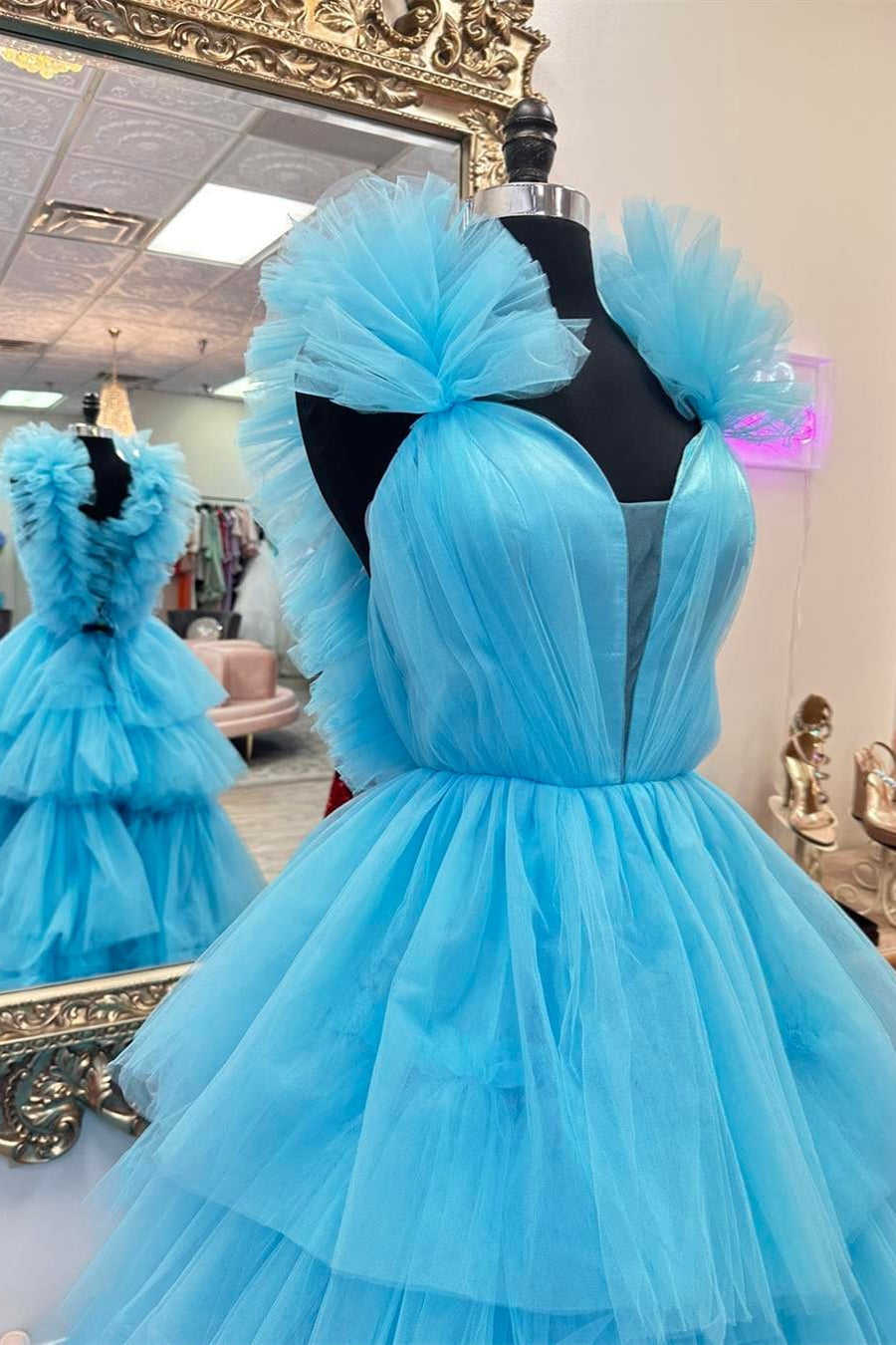 Bernice | Light Blue Ruffle Straps A-Line Tiered Prom Dress