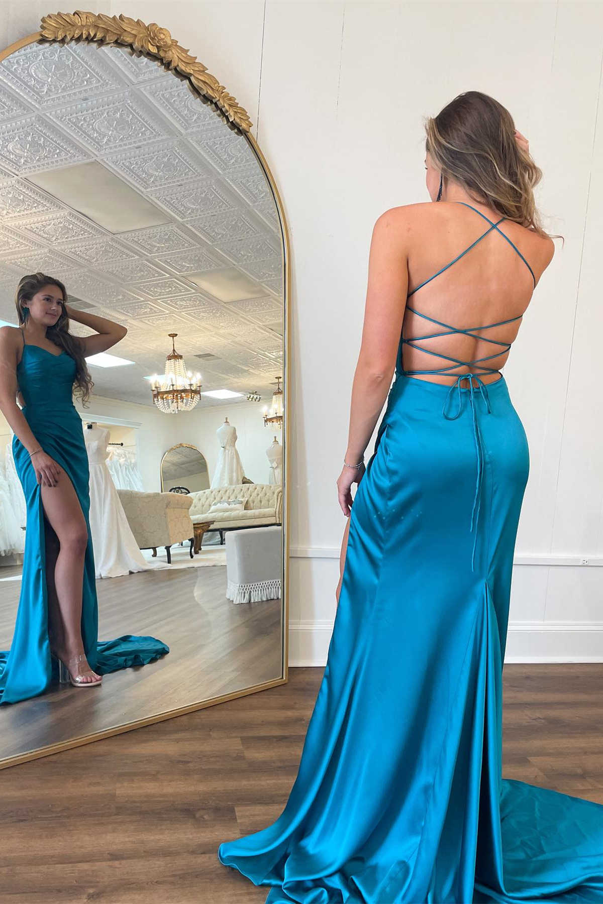 Xyla | Straps Teal V-Neck Ruched Long Prom Dress