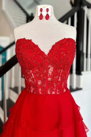 KissProm-Alondra Red Chiffon Sweetheart Ruffle Tiered Long Prom Dress