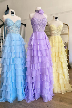 KissProm-Alondra Yellow Chiffon Sweetheart Ruffle Tiered Long Prom Dress