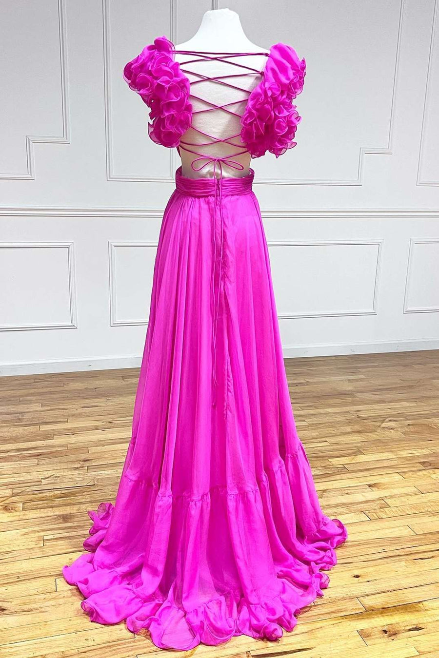 Aadhya | Lace-Up Fuchsia V-Neck Ruffle Pleated Long Prom Dress