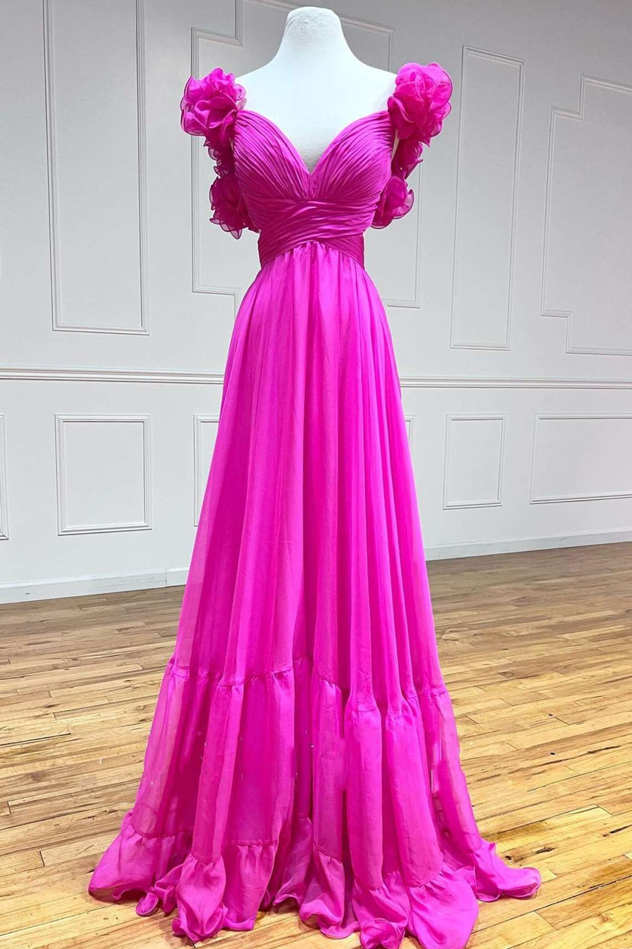 Aadhya | Lace-Up Fuchsia V-Neck Ruffle Pleated Long Prom Dress
