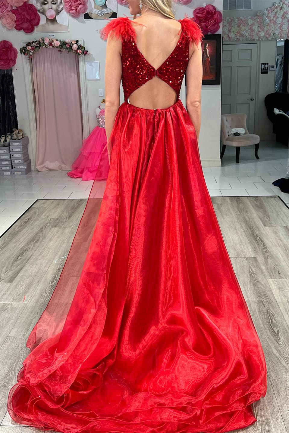 Lilianna | V-Neck Red Sequin Feathers Long Prom Dress with Cape