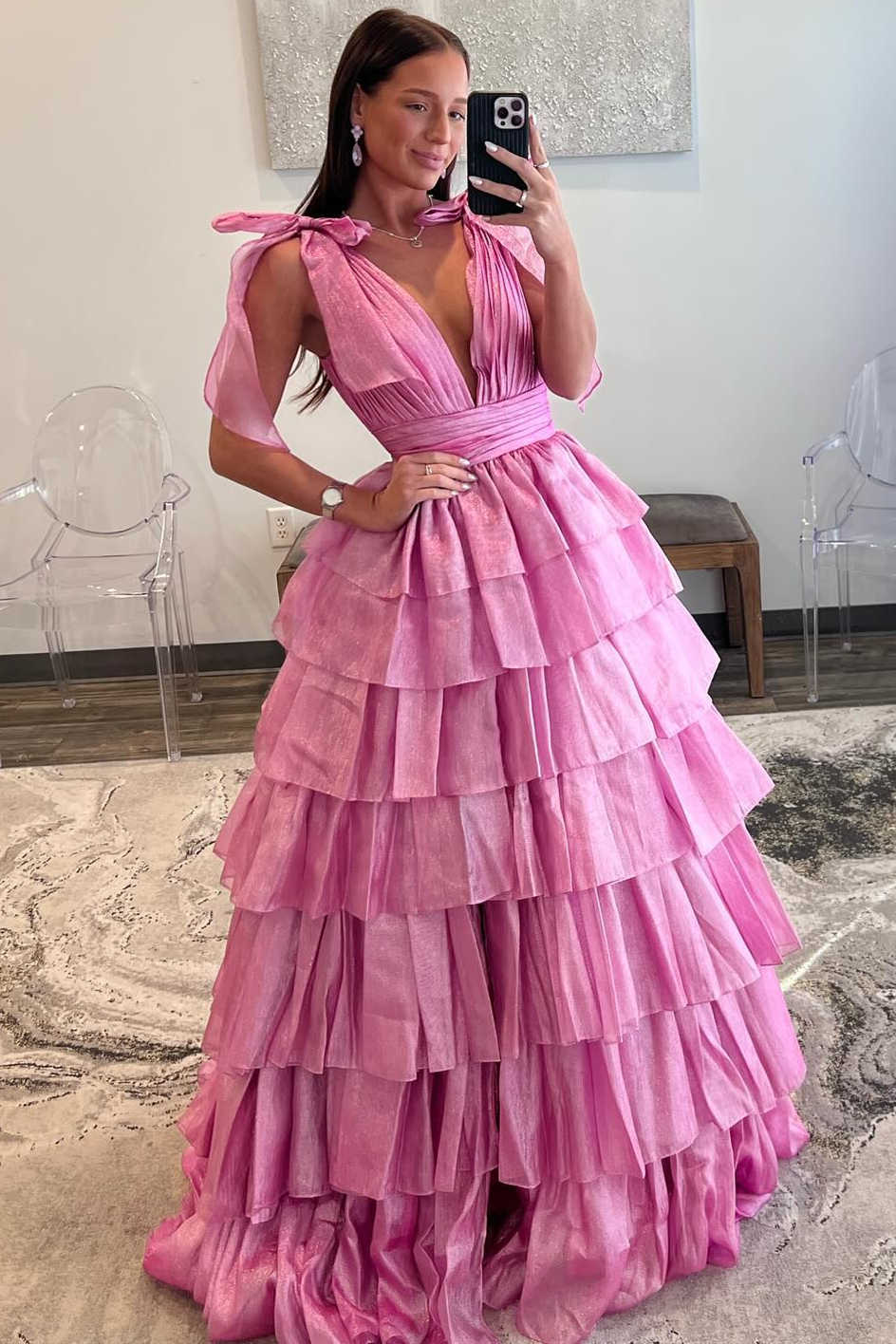 August | Glitter Tie Straps Pink Plunging Neck Tiered Long Prom Dress