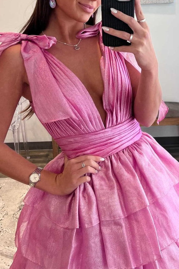 KissProm-August Pink Glitter Tie Straps Pink Plunging Neck Tiered Long Prom Dress