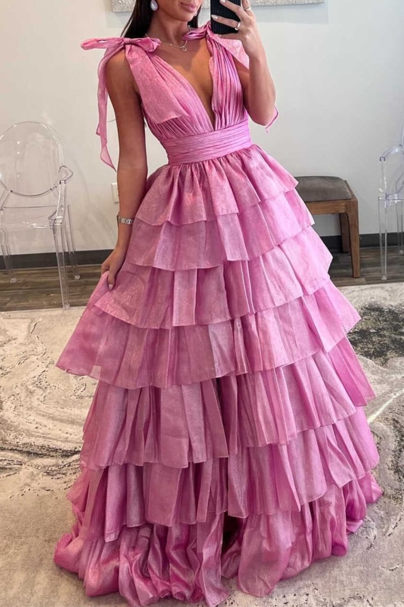 August Glitter Tie Straps Pink Plunging Neck Tiered Long Prom Dress