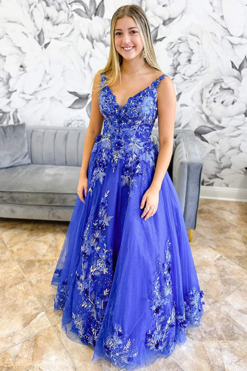 Zora | Periwinkle V-Neck Floral Embroidery A-Line Long Prom Dress