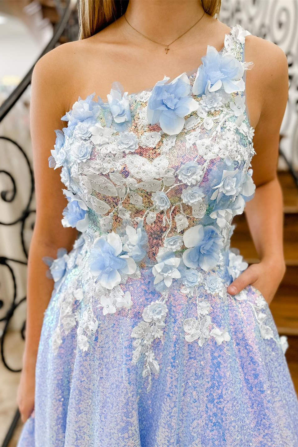 Azaria | Lilac One Shoulder 3D Flowers Sequin Long Formal Dress