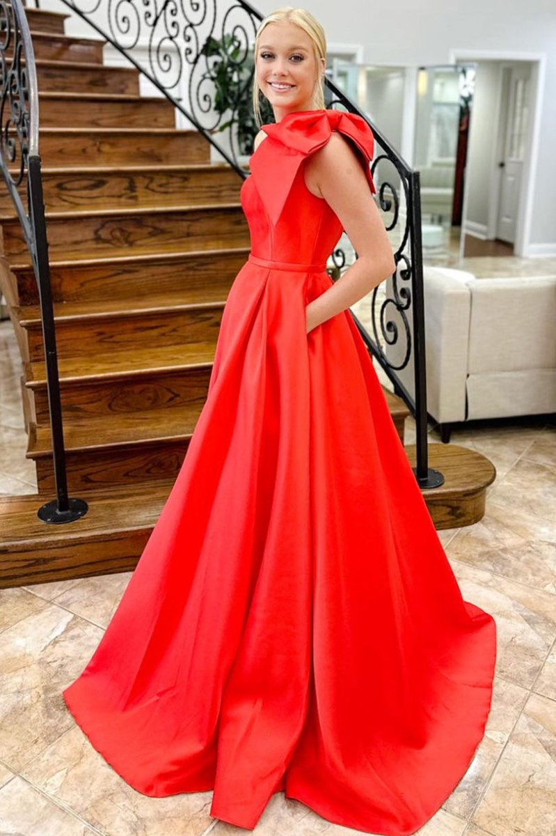 Red One Shoulder Bow Tie Satin Prom Dress with Pockets Red One Shoulder Bow Tie Satin Prom Dress with Pockets