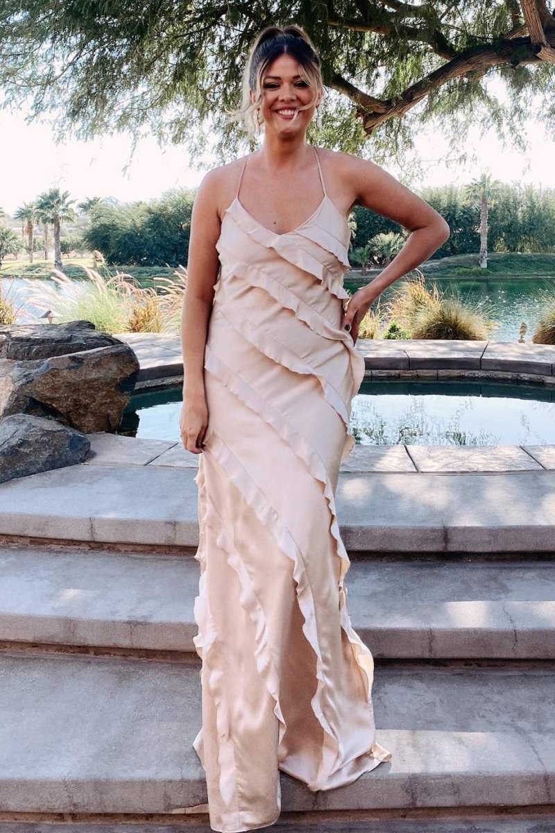 Straps Sheath Champagne Ruffle Maxi Bridesmaid Dress - KissProm